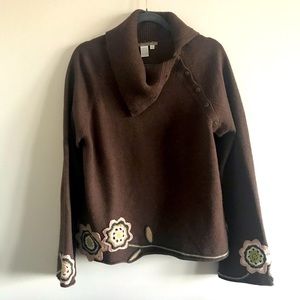 Isabella Bird Brown Wool Cashmere Floral Knit Turtleneck Sweater Sz XL